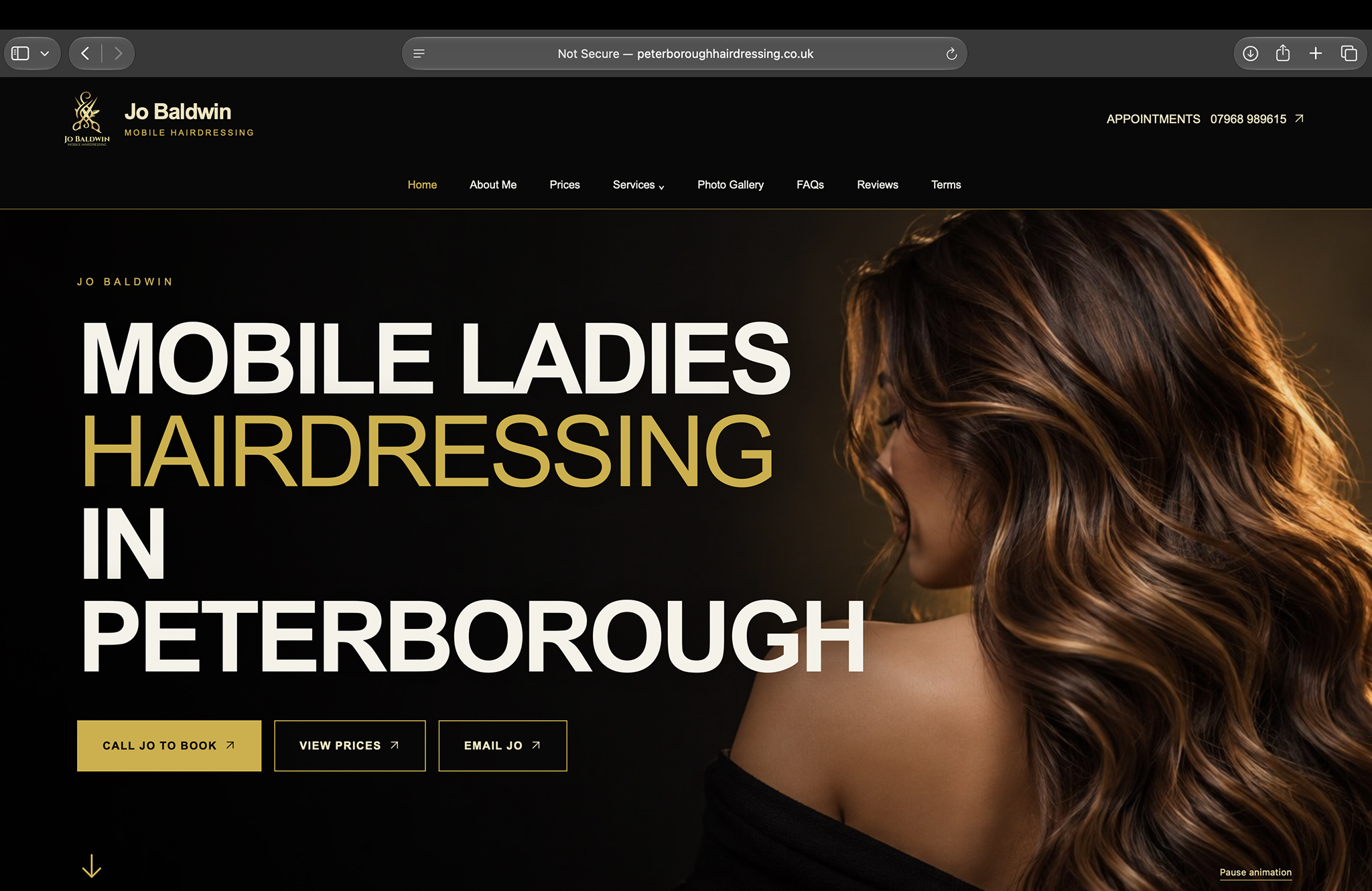 Jo Baldwin mobile hairdressing website with black and gold branding and a hair photograph
