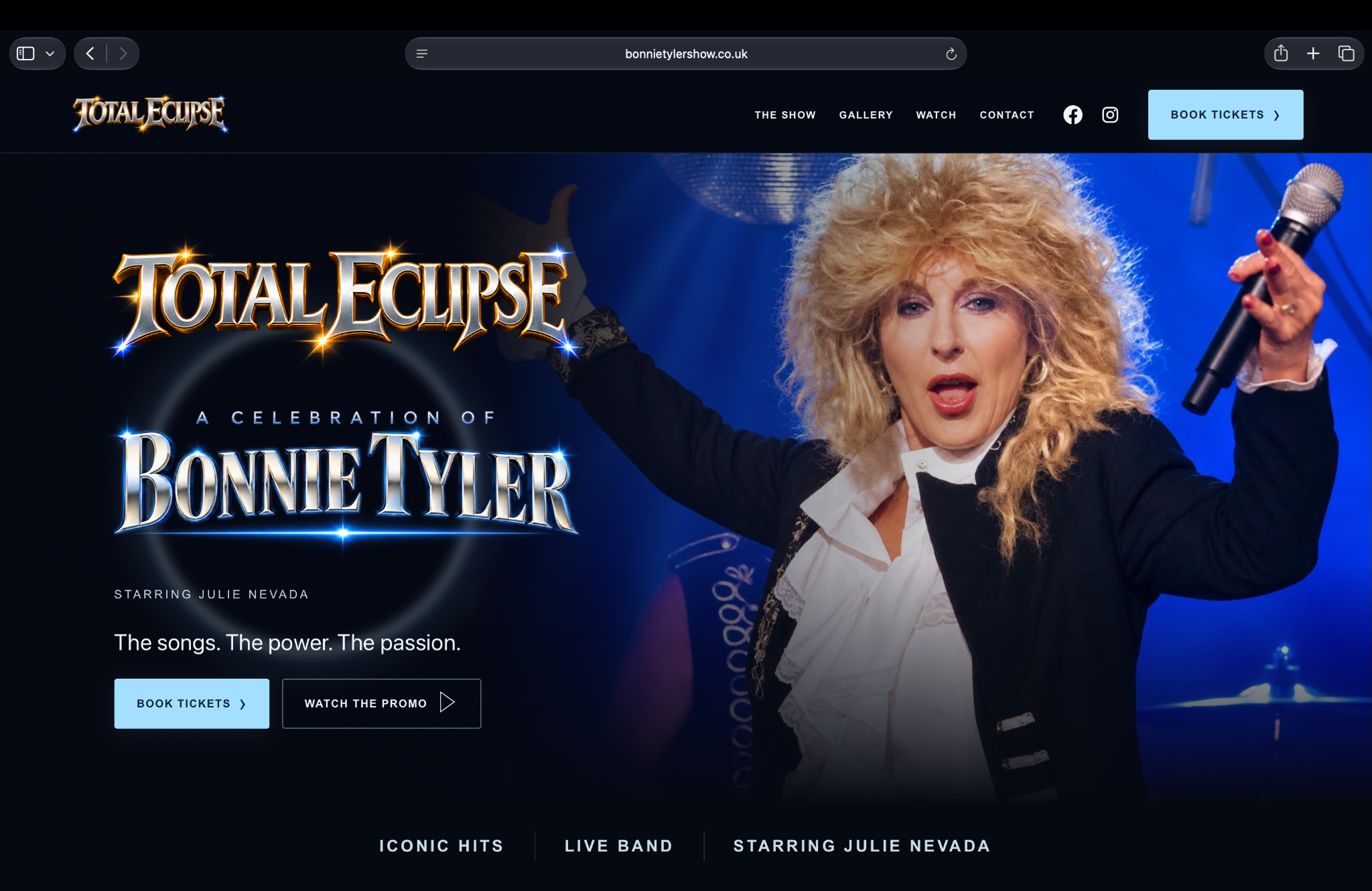 Total Eclipse: A Celebration of Bonnie Tyler website with metallic show branding, blue lighting and a performance photograph